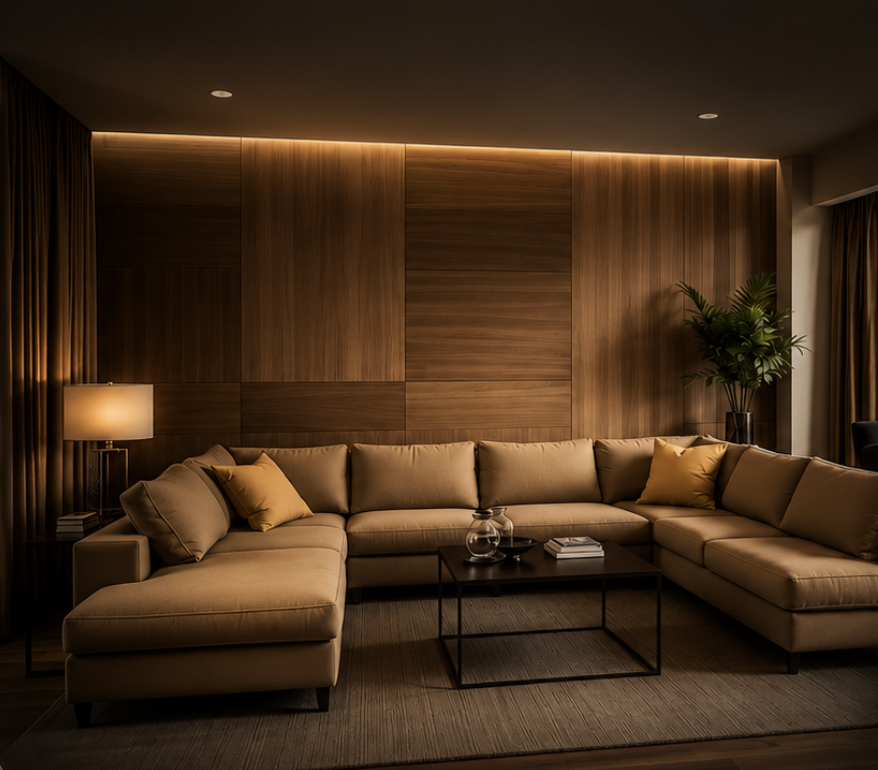 Warmly lit luxury interior with wood paneling and ambient lighting