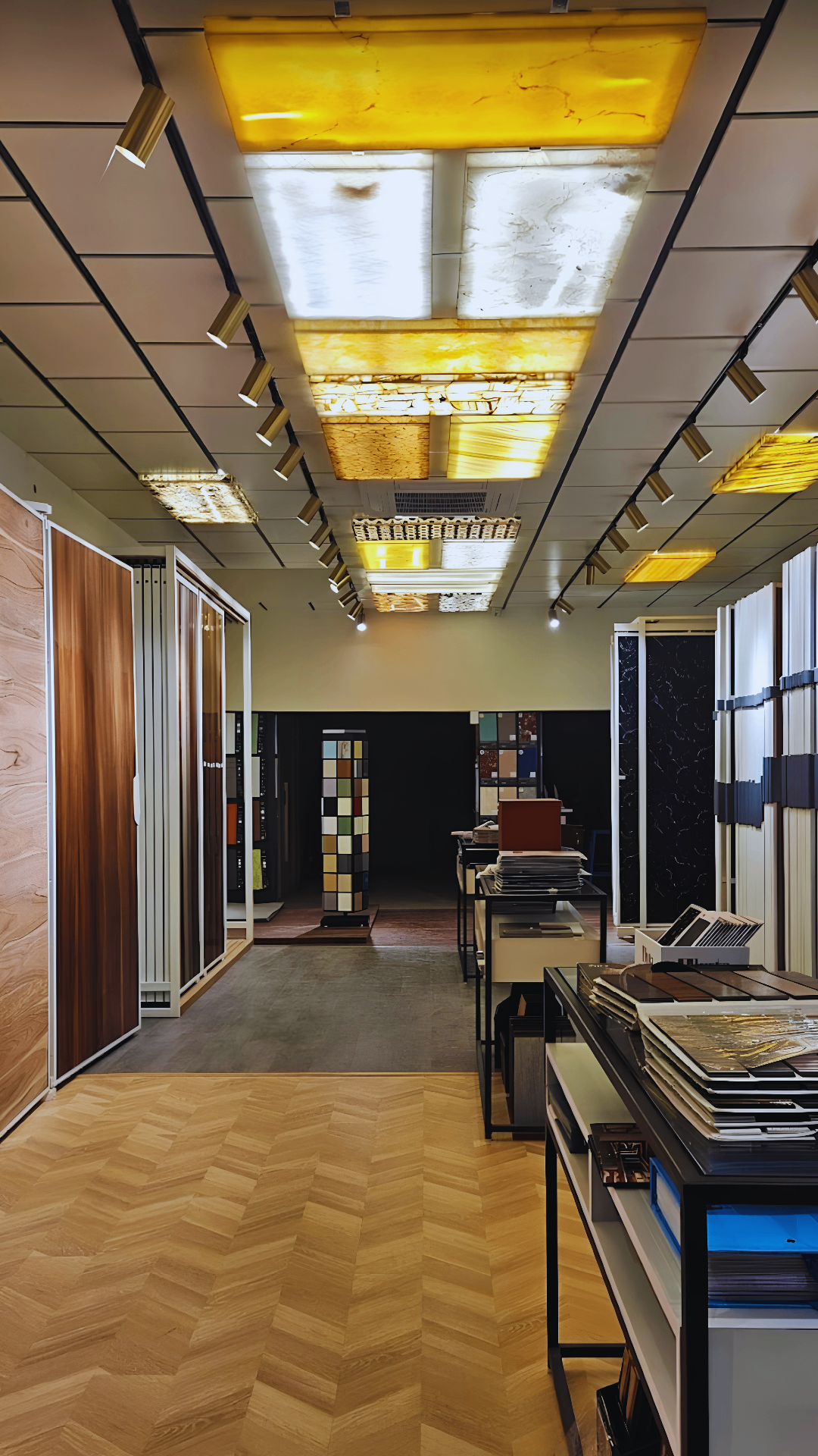Showroom ceiling and material displays