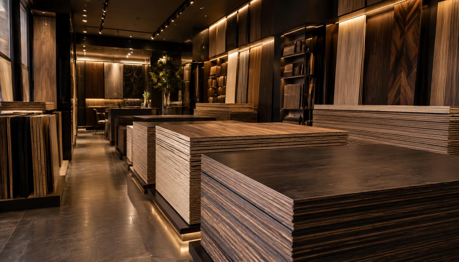 Stacked premium plywood sheets and veneer boards in the Plymaarque showroom at Timber Market, Shahdara, Delhi